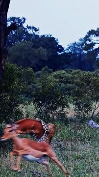 Leopard hunting an impala in the wild savanna captures intense predatory motion footage of raw natural survival instincts within this dramatic wildlife documentary action video clip