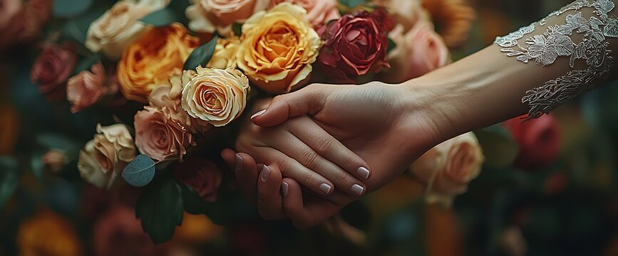 Hands holding, wedding bouquet, outdoors, blurred floral background
