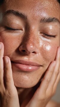 A peaceful young woman enjoys a moment of self care with radiant, moisturized skin. Her smooth complexion and relaxed pose highlight skincare and wellness themes