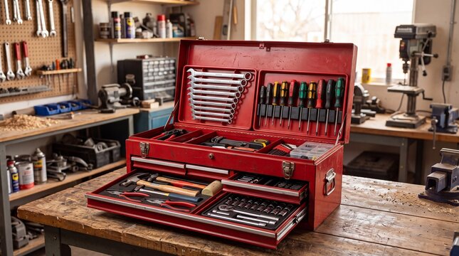 Vintage red metal toolbox with organized hand tools, professional mechanic tool chest on wooden workbench, industrial workshop equipment