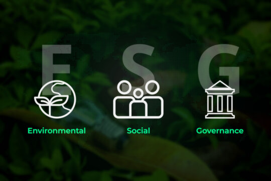 ESG Letters and Icons next to Eco Light Bulb Against Green Leaf Background