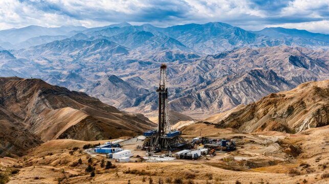 Aerial View of Oil Drill Equipment Surrounded by Mountain Landscape Under Dramatic Overcast Sky and Distant Peaks in a Remote Location