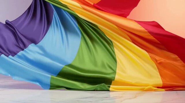 Close up of a flowing rainbow flag in soft light.