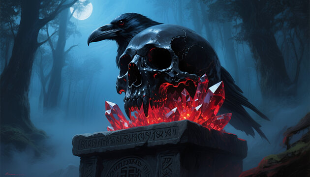 Crow perched on skull with glowing crystals in misty forest  