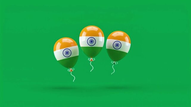 Three balloons with Indian flag design floating on green background.