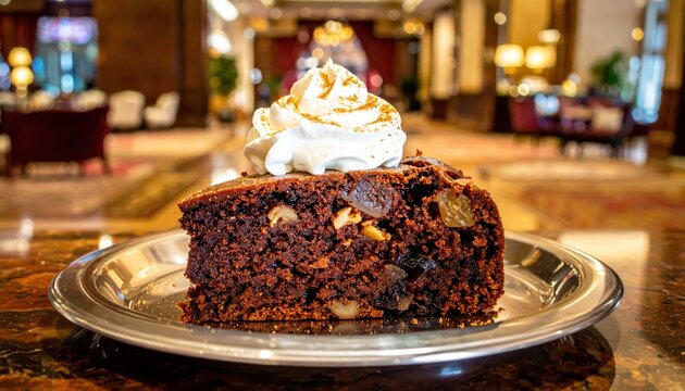 Delicious slice of rich dark chocolate fruit cake with whipped cream topping, served on a silver plate in a luxurious hotel lobby.