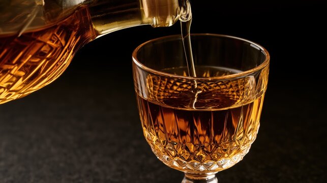 Whiskey Pour: A stream of golden whiskey pours from a classic glass bottle into an ornate crystal glass, set against a dark, moody background.