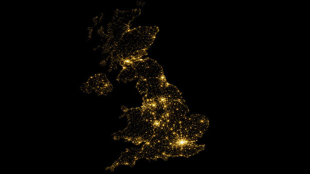 Glowing Connections Across the United Kingdom &mdash; futuristic map formed by golden city lights, network nodes and illuminated routes on a deep black background.