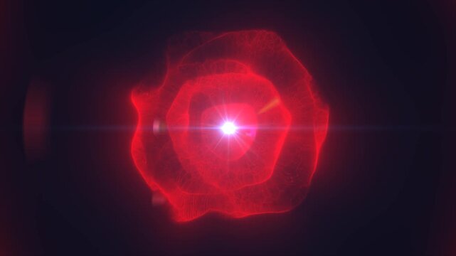 Abstract red glowing energy orb with translucent plasma rings, intense central flare, and dark futuristic background.
