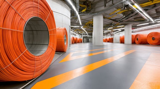 Vast industrial space showcasing large rolls of vibrant orange cables set against a minimalist concrete backdrop with prominent safety markings on the floor