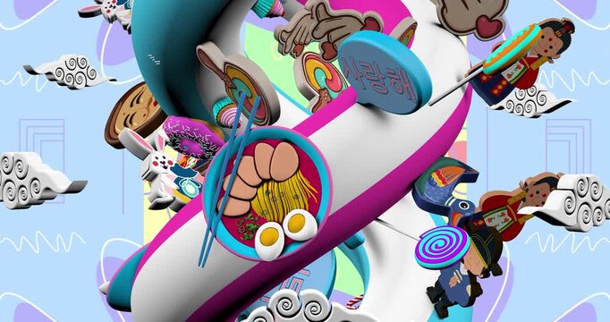 Abstract background with graffiti. Cultural Symbols and Traditions of Korea (Kids theme). Motion graphics Animation background Visual loops. 4K