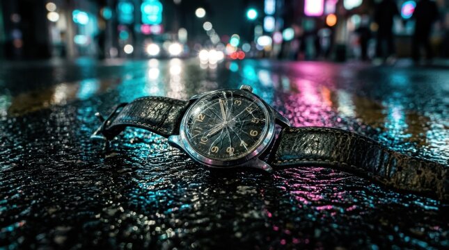 Broken vintage wristwatch lying on wet asphalt of a neon city street