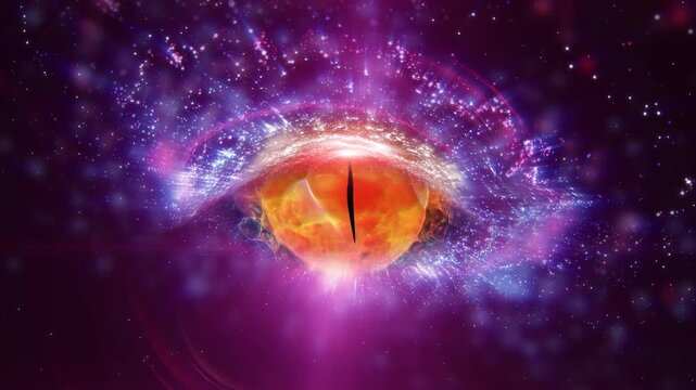 A mesmerizing cosmic eye with a glowing orange iris, swirling blue energy streams, radiant starlight, and celestial particles creates a surreal vision of universal consciousness and infinite mystery.
