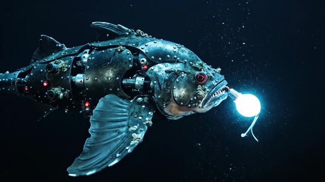 A detailed cybernetic fish with mechanical parts and a glowing lure swims in the dark deep ocean, representing a futuristic predator.
