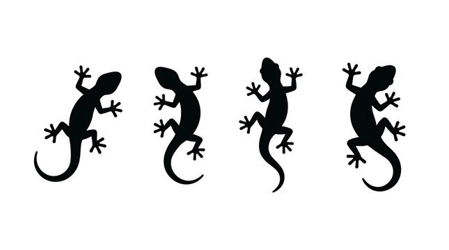 Four black gecko silhouettes in various crawling poses.