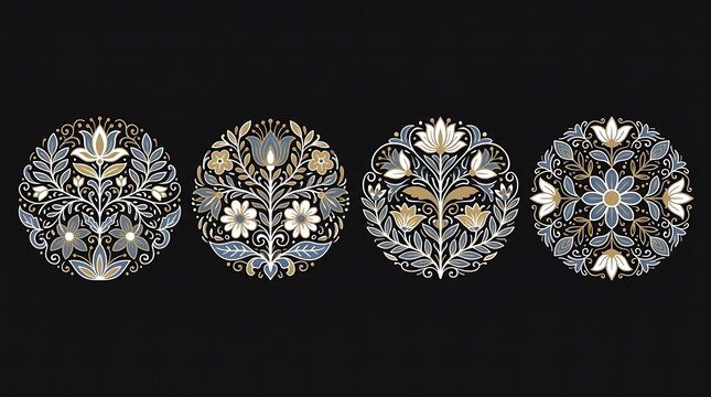 Four intricate gold and blue floral circular mandala designs.