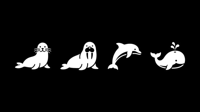 Marine life icon set with seal, walrus, dolphin, whale.