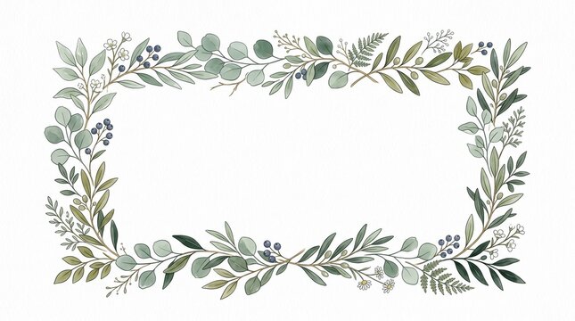 A beautiful hand drawn botanical rectangular frame featuring various leaves and flowers isolated on a clean white background for design