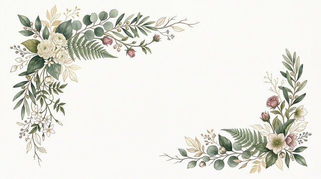 Elegant watercolor corner frame featuring delicate botanical illustrations of wild thistles and green foliage on a clean white background