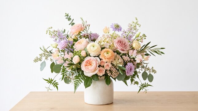 A beautiful lush floral arrangement featuring pastel roses and wildflowers in a simple white ceramic vase on a wooden table