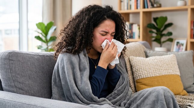 Young woman blowing her nose while sitting on sofa feeling sick with flu sickness healthcare sneezing headache