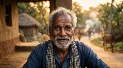 Fototapeta premium Elderly indian people man with gentle smile wearing traditional clothing in rural village setting during golden hour light