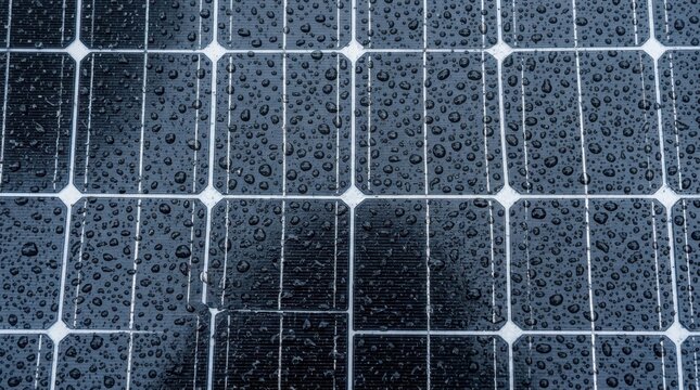 Raindrops on modern solar panel surface background for renewable energy