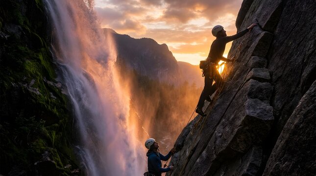 Rock Climbers Scaling a Steep Granite Cliff Face next to a Majestic Waterfall at Sunset
