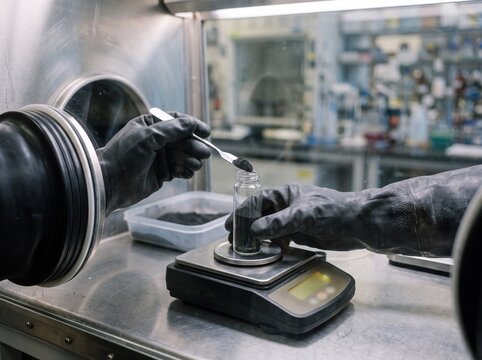 Close-up of gloved hands weighing electrode powder in glovebox