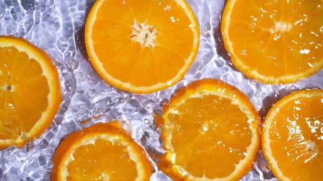 Close-up of wet orange fruit pattern in liquid with waves, commercial footage
