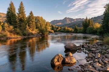 Obraz premium Sunrise over the Yampa River in Colorado: tranquil dawn with mountains, reflections, and warm light