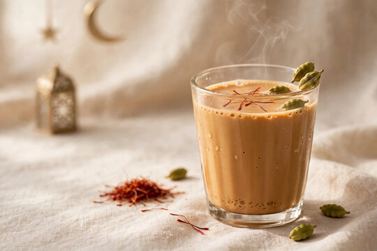 Luxury karak chai tea with saffron and cardamom on linen Ramadan background