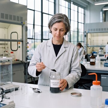 Sodium-ion battery sample jar filled with electrode powder close-up