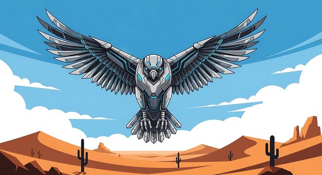 Eagle soaring over desert mountain landscape.