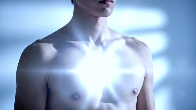 Man with radiant blue light shining from chest.