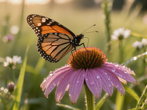 A monarch butterfly rests on a dew-covered purple coneflower in a sunlit summer meadow.