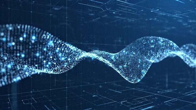 Abstract blue glowing particles flowing on futuristic digital waves with subtle bokeh during an ethereal science concept
