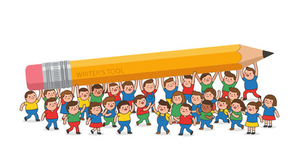 Diverse group of children holding a giant yellow pencil
