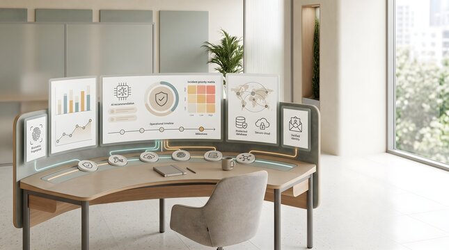 Security operations center workstation featuring curved monitor dashboard with global threat tracking and biometric incident analytics