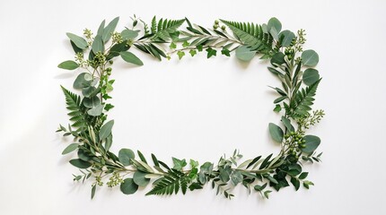 Fototapeta premium A rectangular frame made of fresh green leaves and various plants isolated on a clean white background with copy space