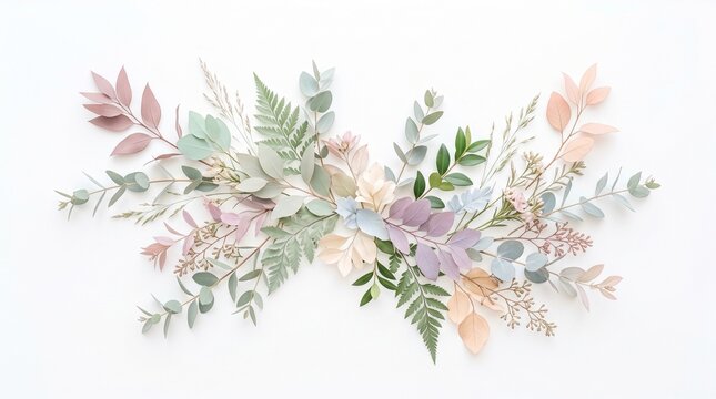 Beautiful watercolor floral arrangement featuring soft pastel flowers and delicate green leaves isolated on a clean white background design element