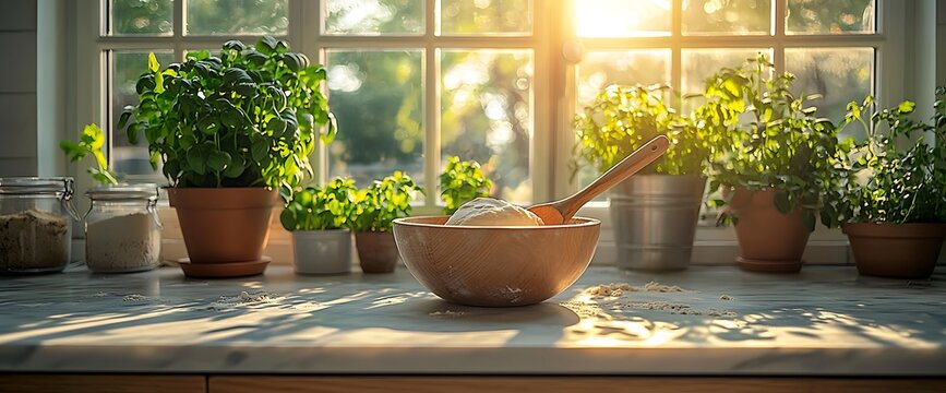 Kitchen window sunlit dough herbs baking