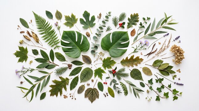 A flat lay collection of various green leaves and foliage arranged neatly on a clean white background for botanical design