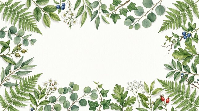 Beautiful watercolor frame made of various green forest leaves and fern fronds isolated on a white background for design