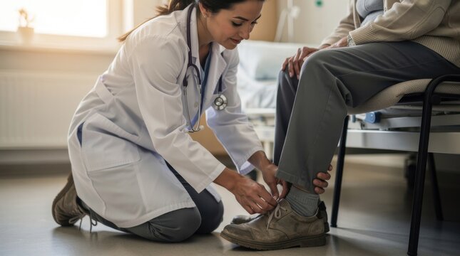 Medical Professional Providing Care to Patient at Hospital with Focus on Bandaging Leg Wound in Bright and Inviting Healthcare Environment