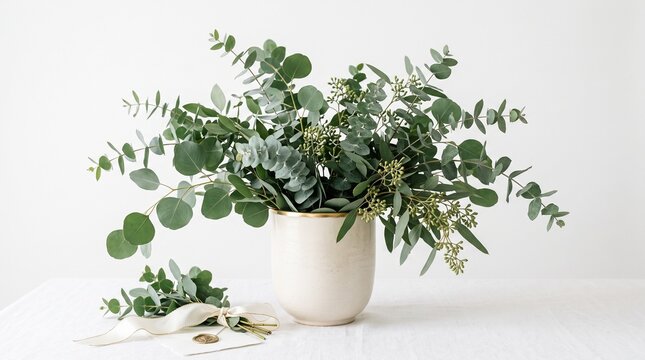 A beautiful lush bouquet of fresh green eucalyptus branches arranged in a simple white ceramic vase on a white background