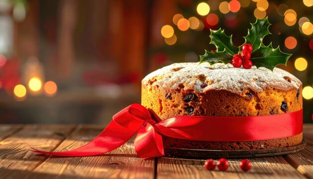 Festive Christmas fruitcake decorated with holly and red ribbon, dusted with powdered sugar, on a wooden table with bokeh lights background