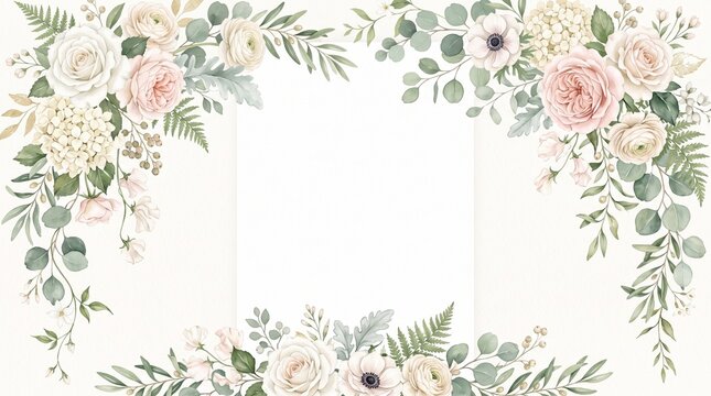 Elegant watercolor floral frame featuring soft pink roses and green leaves on a clean white background for wedding invitation designs