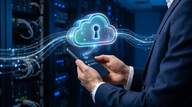 Hand holding a cell phone with a blue cloud-shaped security hologram on it 
