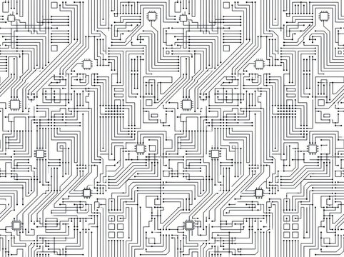Detailed black and white circuit board pattern seamless vector background